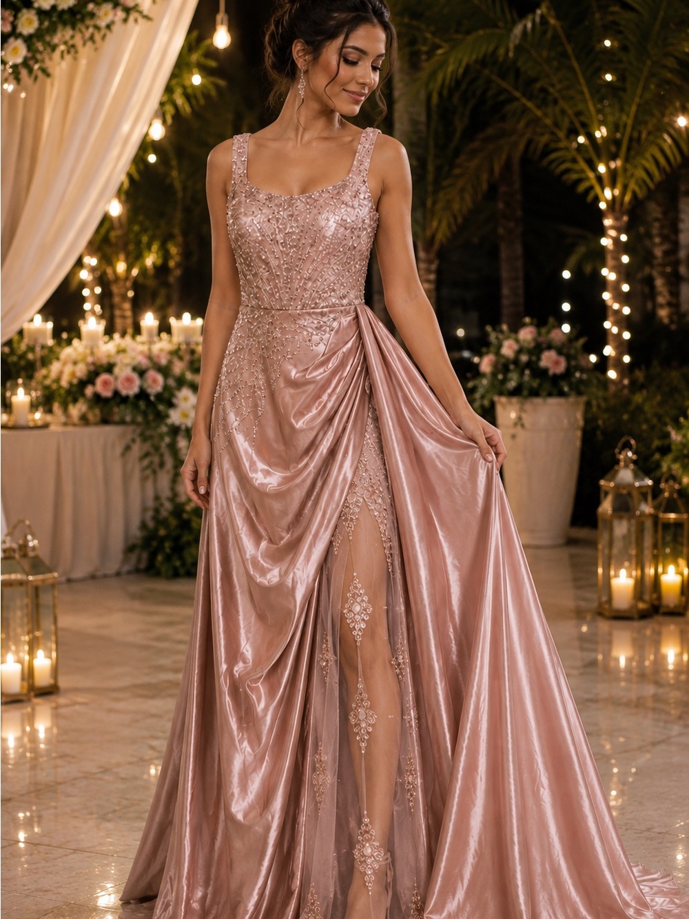 Blush Pink Sequin Beaded Satin Formal Gown High Slit Dress Size Medium